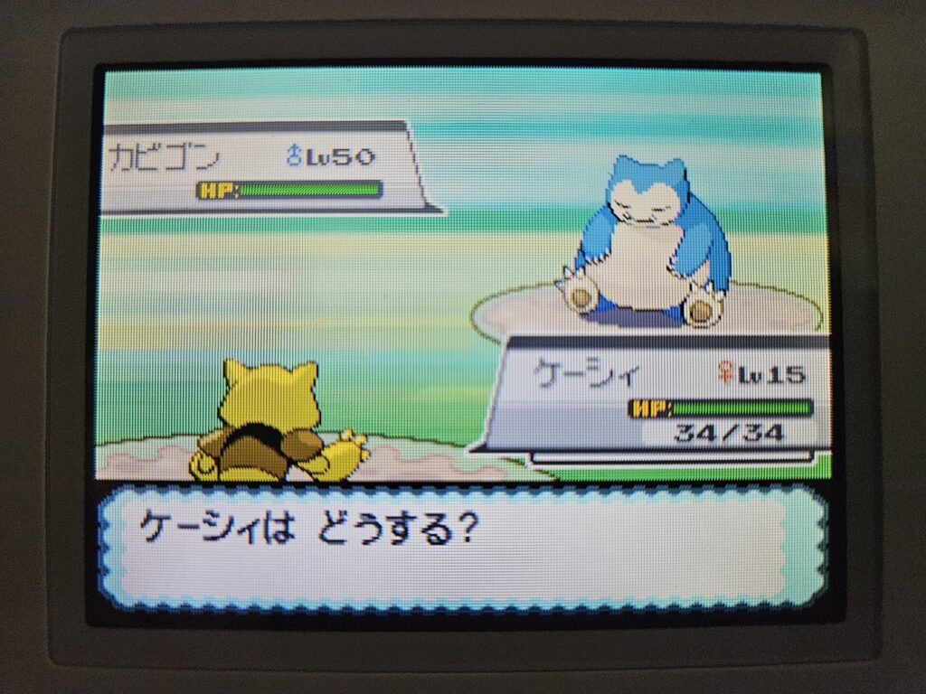 ポケットモンスター ソウルシルバーでの、色違いのカビゴンとの野生の戦闘画面