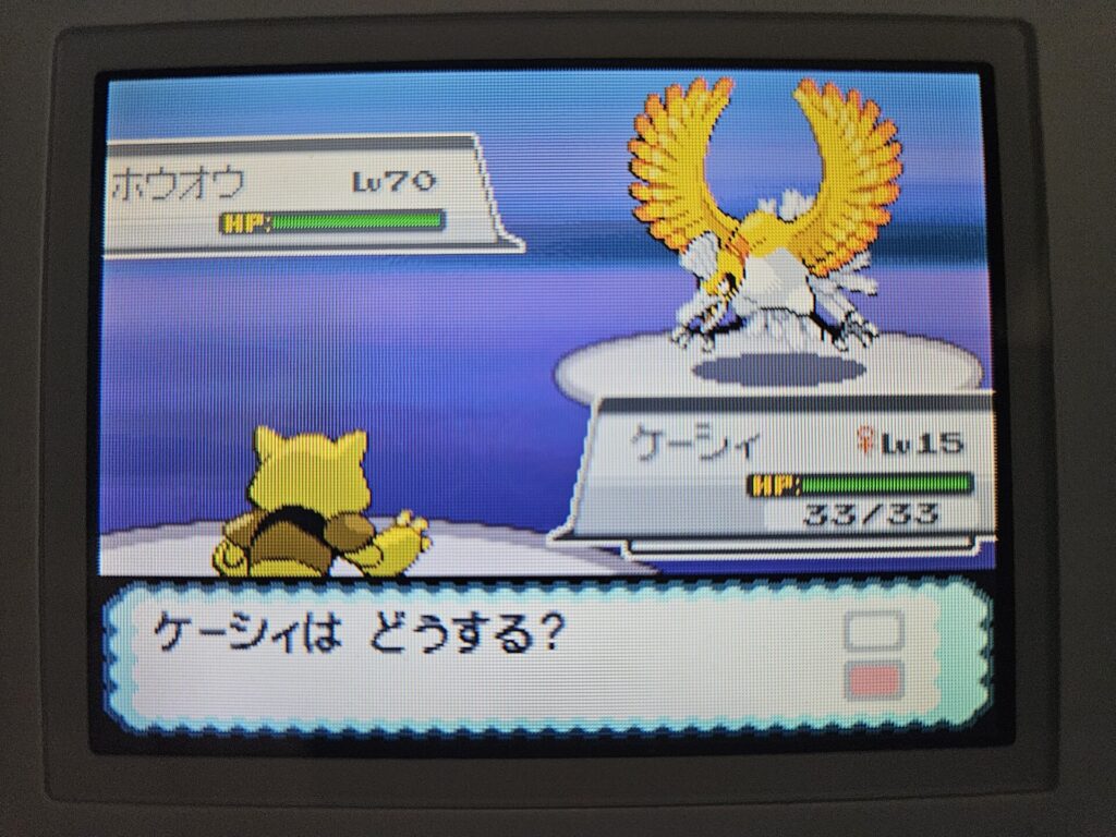 ポケットモンスター ソウルシルバーでの、色違いのホウオウとの野生の戦闘画面